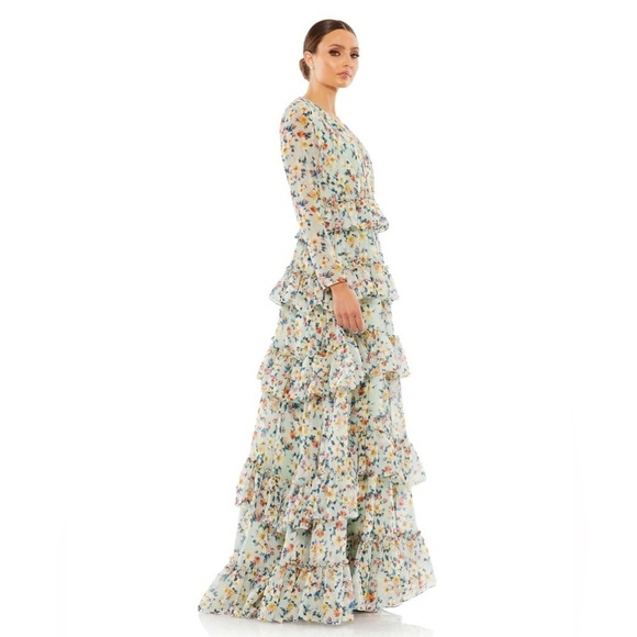 Mac Duggal 55664 NWOT FLORAL PRINTED TIERED RUFFLE LONG SLEEVE GOWN - Picture 2 of 7